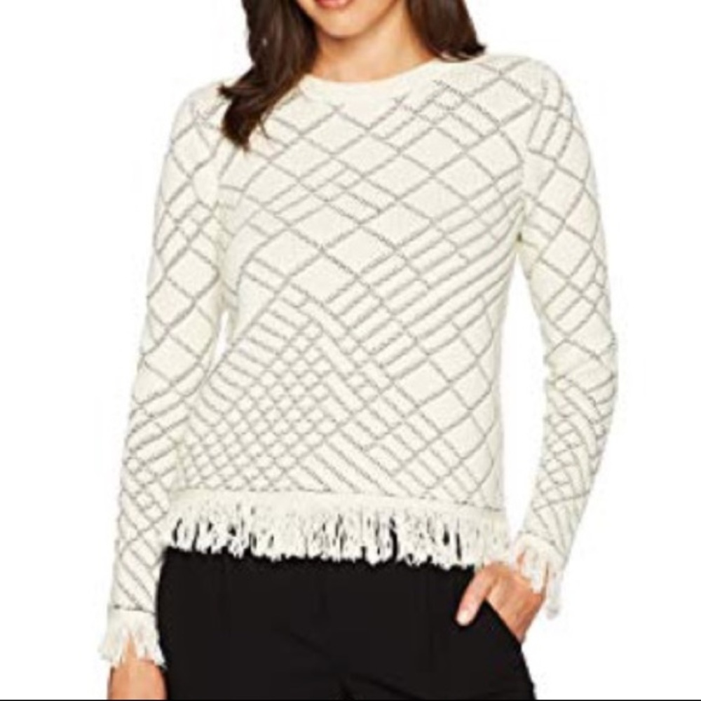 Calvin Klein off white geometric fringe sweater L